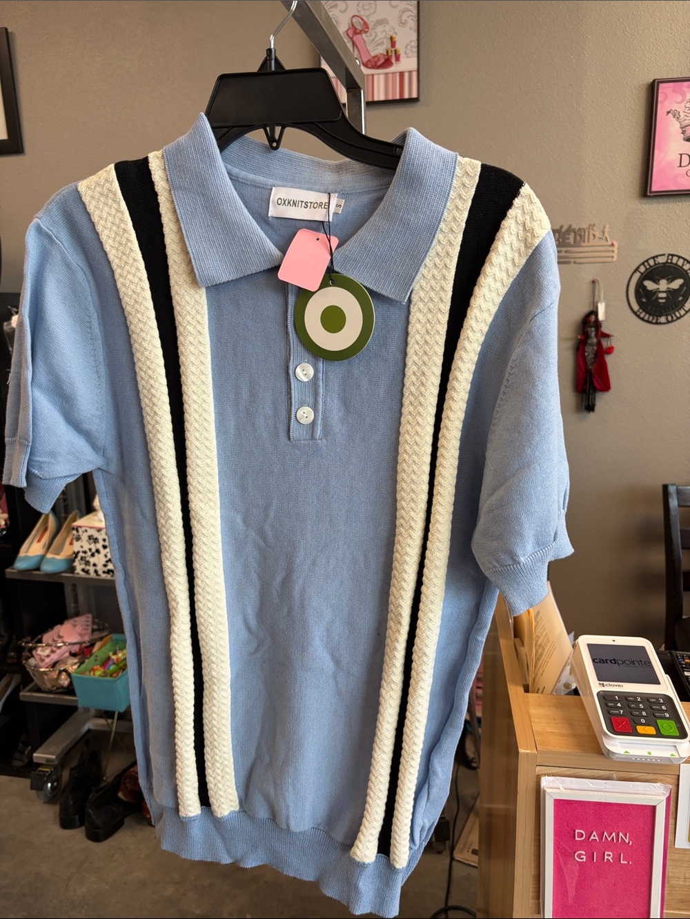 Light Blue Short-Sleeve Polo with Ivory & Black Vertical Braids L4ATBK